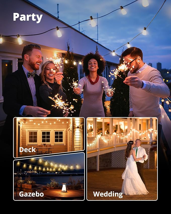 VIPAR Outdoor String Lights 25FT LED Patio Lights IPX5 Waterproof with 10+1 ST38 Shatterproof Edison Bulbs, 2700K Connectable Outside Hanging Light for Porch, Garden, Backyard, Deck, Balcony, E12 Base