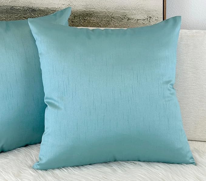 Aiking Home 18x18 Inches Faux Silk Square Throw Pillow Cover, Zipper Closure, Aqua (Set of 2)