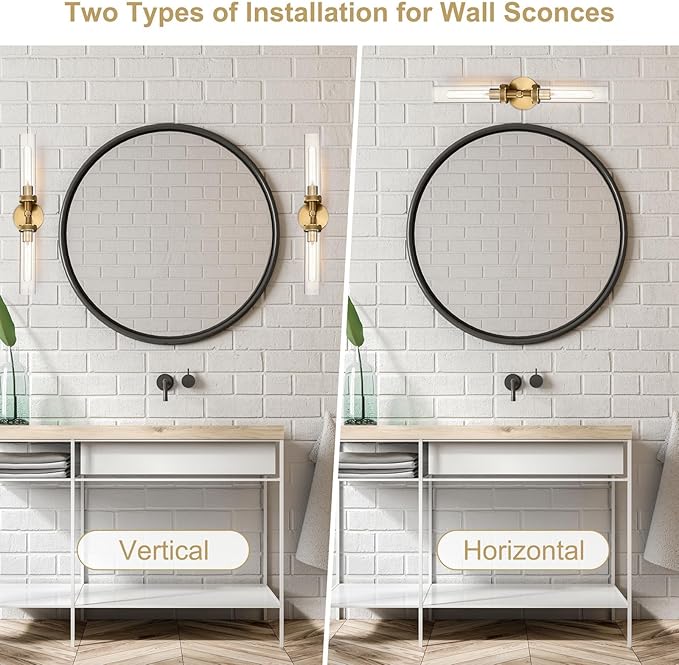 LaLuLa 2-Light Bathroom Vanity Light,Knurled Texture Linear Gold Wall Sconces,Clear Glass Tube Vanity Lighting Fixtures,Modern Wall Mounted Light,Indoor Wall Lights for Living Room,Bedroom,Hallway