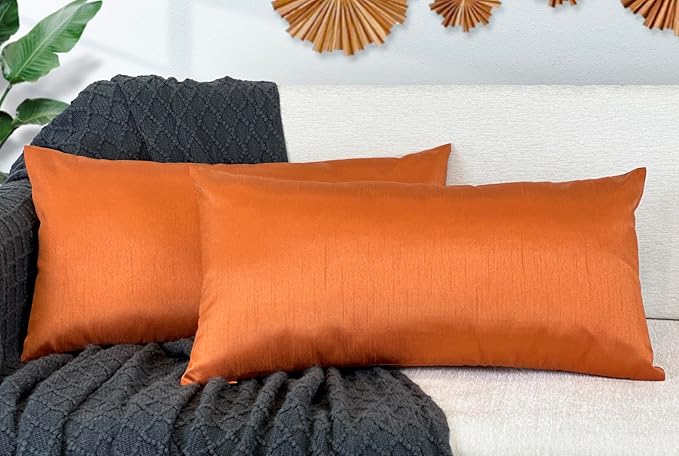 Aiking Home 12x24 Inches Faux Silk Rectangular Throw Pillow Cover, Zipper Closure, Orange (Set of 2)
