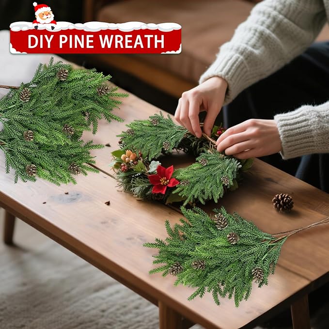12 Pcs Christmas Greenery Stems with Pinecones Soft Bendable Naturally Droop Realistic Artificial Pine Stems Christmas Pine Branches Picks Faux Cedar Stems for Vase Garland Wreath Table Home Decor(12)