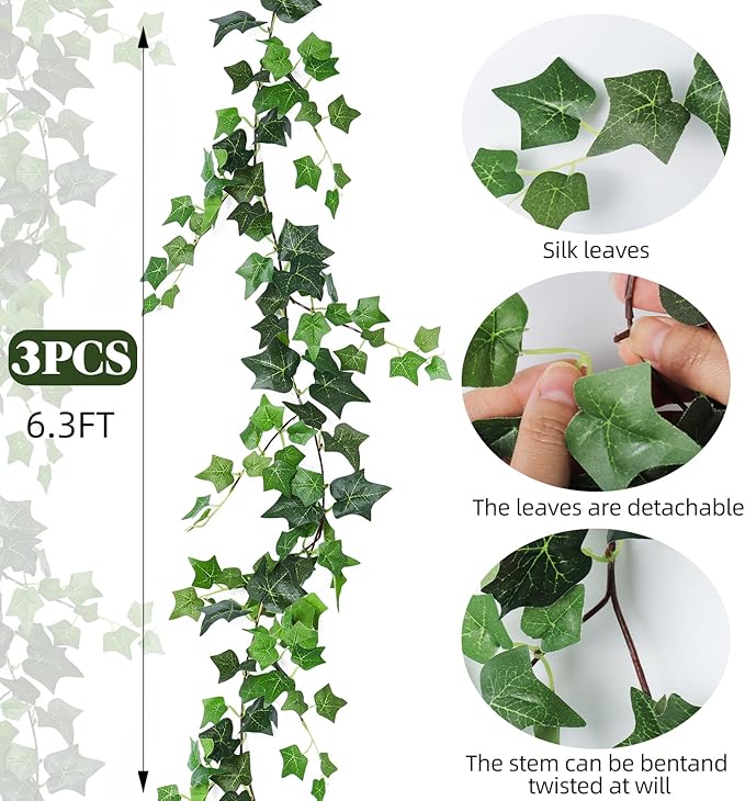 RECUTMS 3 Strands Artificial Ivy Vines 6.3Ft Green Ivy Garland Faux Hanging Plants Greenery Decoration Artificial Vines For Spring Home Decor Indoor Home Wall Wedding Room Valentine's Day Decor(Green)