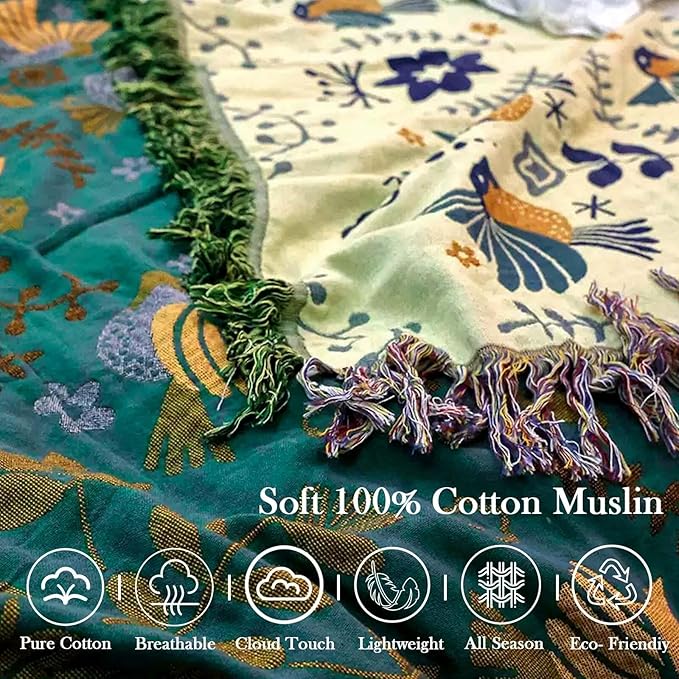 Yellow Boho Throw Blanket, 100% Cotton Blankets for Couch Bed, 80"x90"Cotton Quilt Travel Muslin Blankets Farmhouse Home Decor Soft Lightweight Picnic Blanket for Summer