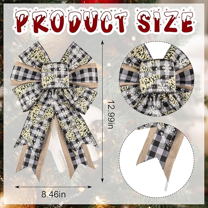 2 PCS Christmas Bow for Wreath, Christmas Wreath Bows for Front Door Wall Fence Decor Xmas Tree Plaid Bow for Holiday Party Home New Year Decoration