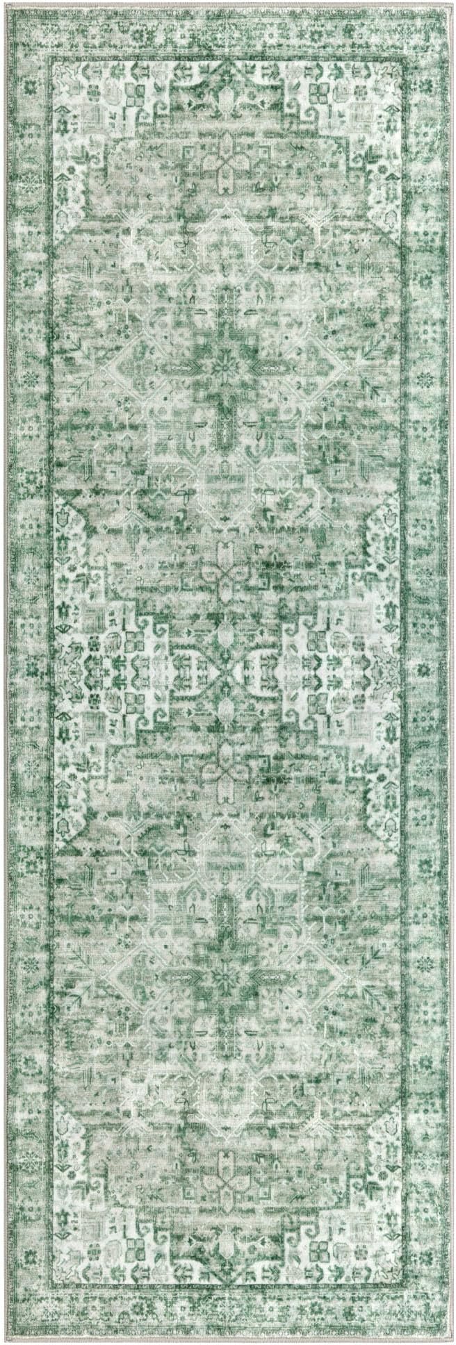 2x6 Runner for Hallways, Sage Green Non-Slip Printed Washable Kitchen Runner, Vintage Boho Rug with Non-Shedding, Soft Medallion Floor Carpet for Laundry Bedroom Entryway