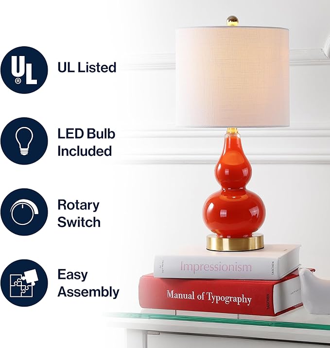 JONATHAN Y JYL1028G Anya 20.5" Mini Glass LED Table Lamp, Transitional, Glam, Midcentury, Modern, Elegant, Office, Living Room, Family Room, Dining Room, Bedroom, Hallway, Foyer, Sunset Orange
