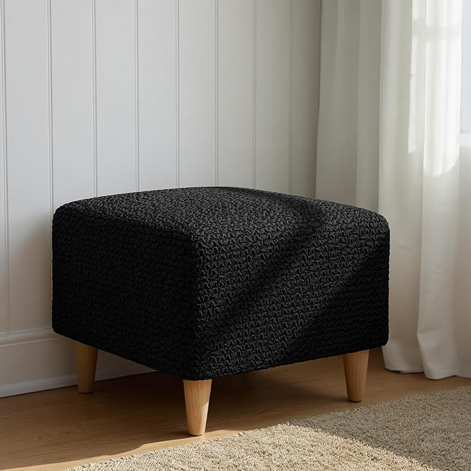PAULATO BY GA.I.CO. Small Ottoman Cover Stool Cover Pouf Slipcover - Soft Polyester Fabric Slipcover - 1-Piece Form Fit Stretch Furniture Protector - Microfibra Collection -Black (Ottoman)