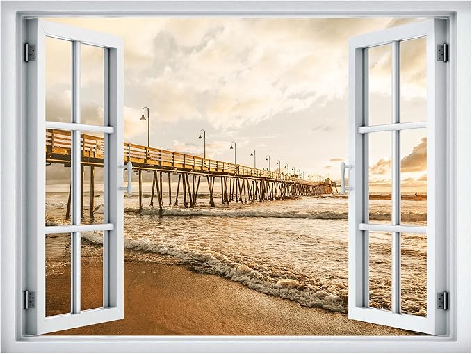 SIGNWIN Removable Wall Sticker/Wall Mural Window Golden Sunset Over Ocean Waves and Wooden Pier Photography Realism Decorative Landscape Digital Art for Living Room, Bedroom, Office - 36"x48"