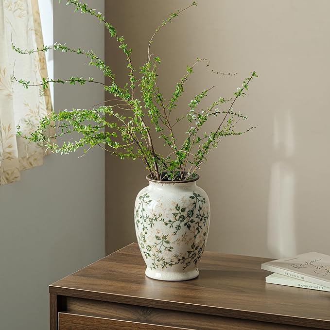 Vintage Green and Beige Vase, Round Ceramic Floral Vases, Retro Ice Cracked Chinoiserie Vase for Home Decor, Living Room, Bookshelf, Office, Grand Millennial Decor, Rustic Table Centerpiece 8 Inch