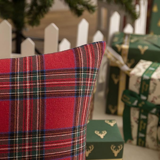 AQOTHES Pack of 2 Christmas Plaid Decorative Throw Pillow Covers Scottish Tartan Cushion Case for Farmhouse Home Holiday Decor Red and Green, 16 x 16 Inches