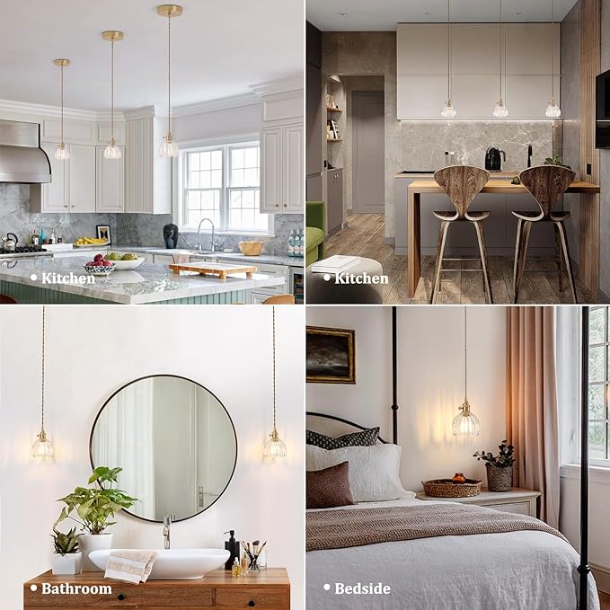 Pendant Light with Clear Tulip Glass Lmapshade, Brass Vintage Pendant Light Adjustable Hanging Light for Kitchen Island Dining Room Hallway