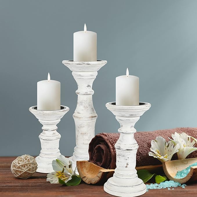 Candle Holder Stand Wooden, Pillar Candle Holders, Unity Candle Holders, Rounded Turned Colums, Country Style Ideal for Gift, Wedding, Christmas, Party, Spa - 10,8,6 Inch- Set of 3 - Antique White