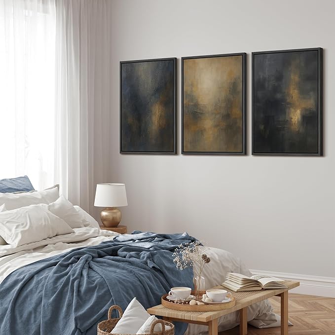 MUDECOR Framed Wall Art Print Set Dark Abstract Modern Contemporary in Navy Blue and Gold Brushstrokes Illustrations Modern Art Decorative Colorful for Living Room, Bedroom, Office - 16"x24"x3 Black