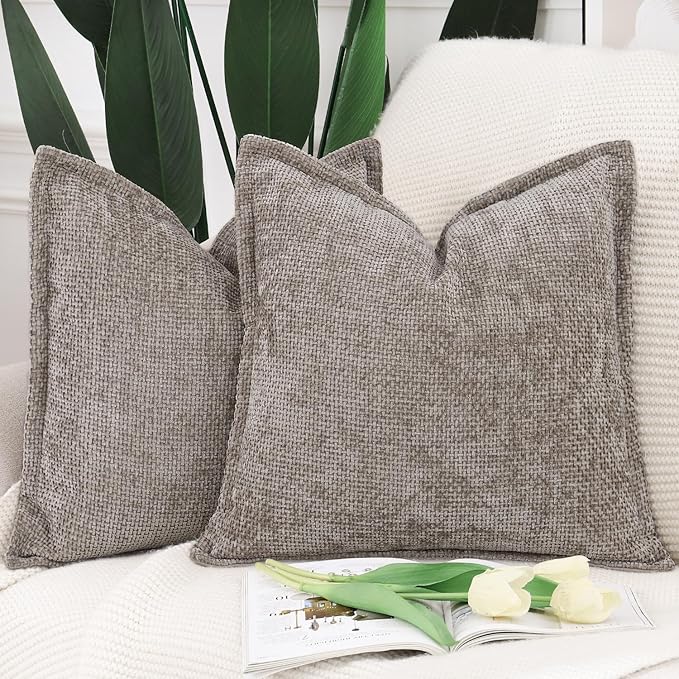 MADIZZ Chenille Velvet Throw Pillow Covers with Flange Set of 2 Super Soft Boho Textured Pillow Covers Decorative Throw Pillowcases Modern Farmhouse Home Decor for Sofa Bedroom Taupe 20x20 Inch
