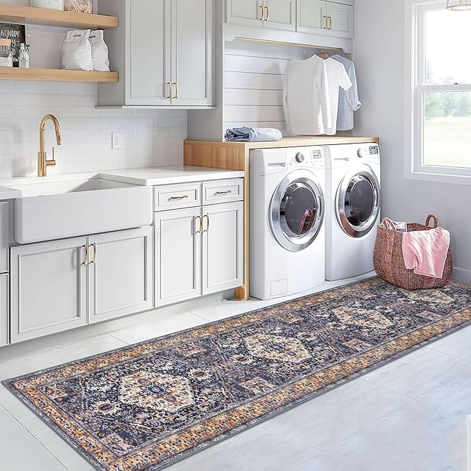 KOZYFLY Runners for Hallways 2.6x12 Ft Extra Long Washable Kitchen Boho Runner Rug for Entryway Indoor Gold Navy Printed Faux Wool Stair Runner Floor Carpet Runner for Stair Kitchen Hall