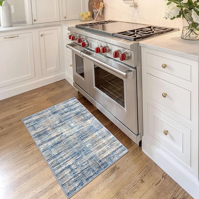 Modern Abstract 2x3 Rugs for Entryway Blue Beige Washable Small Area Rug Non-Slip Ultra Thin Soft Print Striped Low-Pile Indoor Door Mat Floor Carpet for Entrance, Bedroom, Bathroom