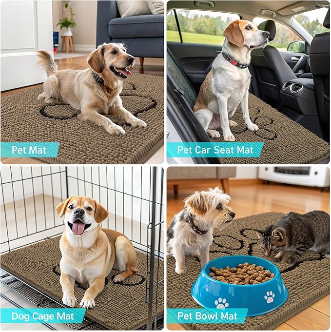 OLANLY Dog Door Mat for Muddy Paws 40x32, Paw Print Design, Absorbs Moisture and Dirt, Absorbent Non-Slip Washable Doormat, Quick Dry Chenille Mud Mat for Dogs, Entry Indoor Entryway Carpet, Tan