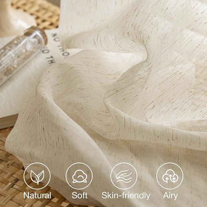 Anmao Flax Linen Curtains for Living Room 90 Inch Length 2 Panels Set, Light Filtering Sheer Window Curtain Drapes for Bedroom with Nickel Grommet, 52 Inch Wide Each Panel, Natural Color
