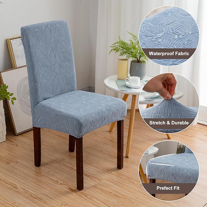 Genina 100% Waterproof Dining Room Chair Covers Set of 6 Stretch Kitchen Chair Covers Parsons Chair Slipcovers for Dining Room Chair Protector Cover, Removable, Washable (Leaf Pattern-Light Blue, L)