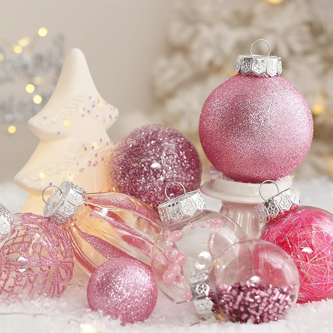 Christmas Ornaments Set, 32Pcs Clear Plastic Shatterproof Christmas Ball Hanging Ornaments for Xmas Tree Decorations, for Indoor Home Thanksgiving Party Holiday Decor - Pink.