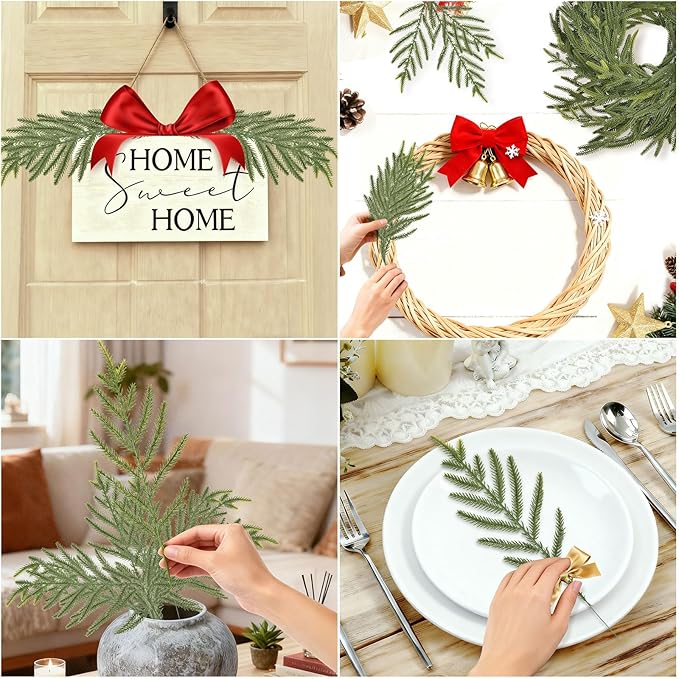30 PCS Real Touch Christmas Norfolk Pine Stems Branches, 13 Inch Soft Droopy Artificial Greenery Pine Picks Faux Greenery Stems for Table Garland Wreath Mantel Holiday Indoor Home Decor