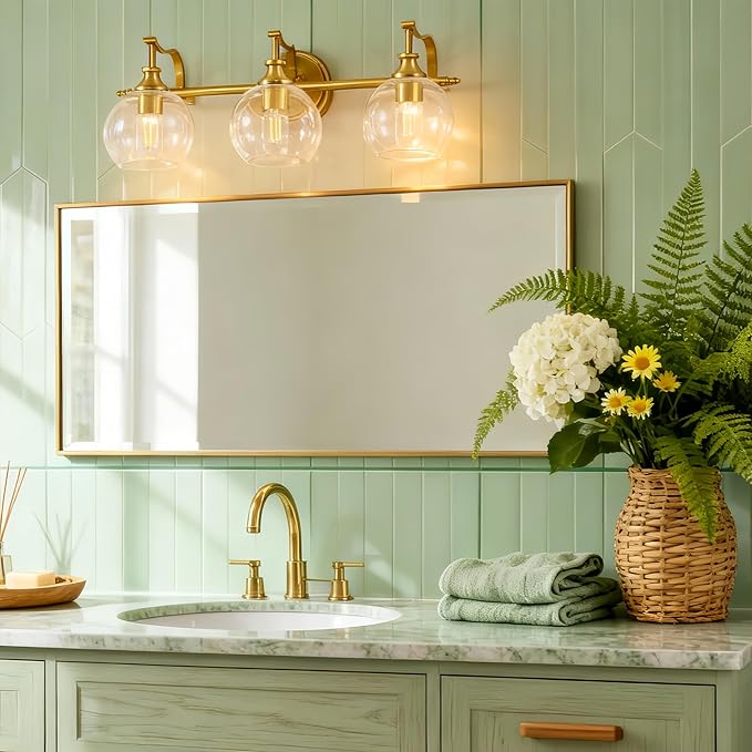 ANDY STAR Bruhsed Gold Bathroom Light Fixtures, Gold 3 Light Bathroom Vanity Lights, 3 Lights Wall Light with Globe Clear Lampshade, Vintage Brass Sconce with Metal Lamp Body for Bedroom, Living Room
