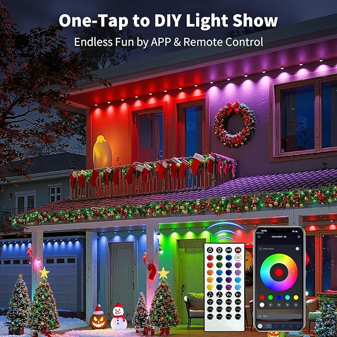XINKAITE 300FT Permanent Outdoor Lights with 150 LEDs - Smart RGB+IC with 16 Million Colors, IP67 Waterproof, App & Remote Control, Hundreds of Modes for Holidays, Christmas & Home(2 Rolls 150FT)