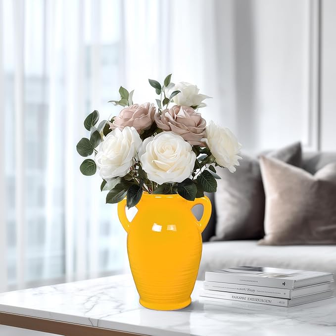 Sunddo Yellow Ceramic Vase 8 Inch - Modern Decorative Vase with 2 Handles for Home Decor, Ideal Centerpiece for Kitchen, Living Room, and Dining Table