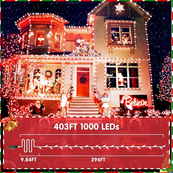XURISEN 403FT 1000 LED Christmas Lights Outdoor Green Wire String Lights 8 Modes with Timer Memory Waterproof Fairy Light Plug in for Xmas Tree Wedding Yard Party Holiday Decorations(Red+White)