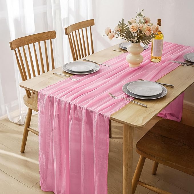 JOYIT 1 Pack Pink Cheesecloth Table Runner 35" x 120" – Boho Table Runner Set for Wedding, Birthday, and Party Decor, Romantic Gauze Table Runner for Rustic and Elegant Tablescapes (Pink)