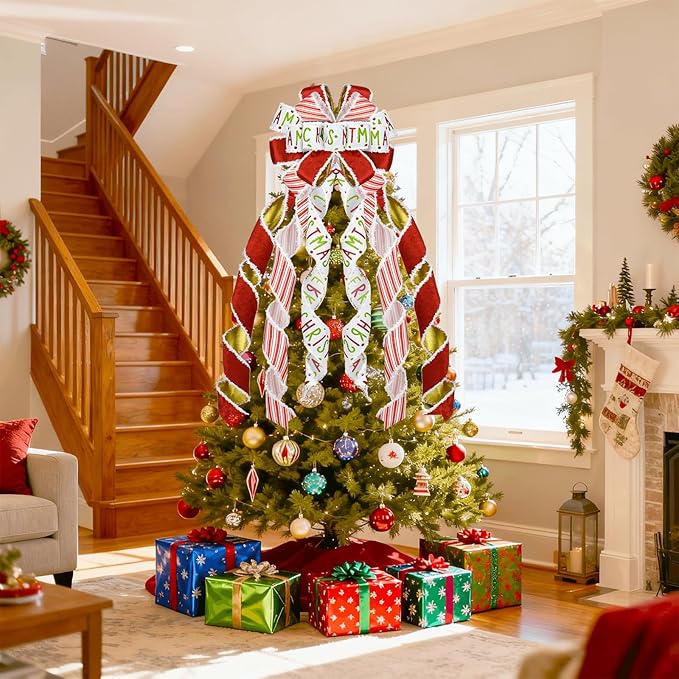 Christmas Tree Topper 48" x 13", Red Large Velvet Bow with Long Streamers, Wired Edge Decorative Bow for Wreath Door Holiday Party Festival Xmas Decoration Supplies-Red