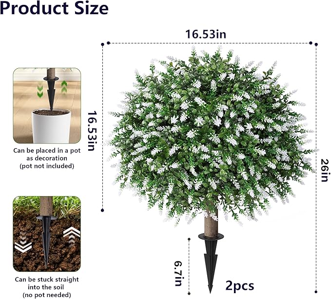 HyeFlora 26'' Artificial Topiary Boxwood Ball Trees with Lavender 2 Pack Fake Plants for Outdoor Indoor Artificial Shrubs with Ground Spike UV Resistant Fake Bushes for Front Porch Garden (White)