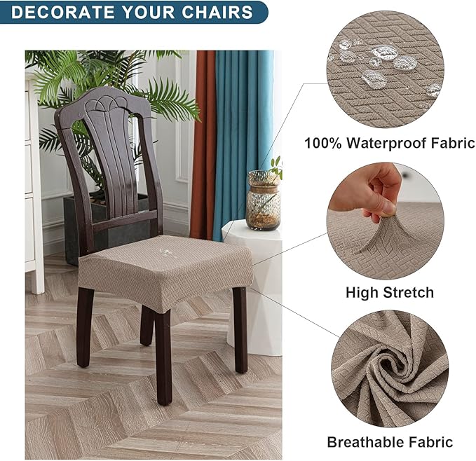 Genina Waterproof Seat Covers for Dining Room Chair Covers Waterproof Dining Chair Covers (6 PCS-Rear-gapped, Taupe)