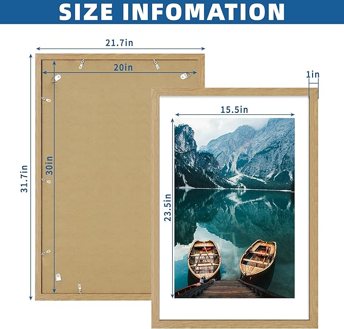 20x30 Frame Set of 2, Natural Oak Wood Style - Display 16x24 Picture with Mat or 20 x 30 Poster without Mat, Wall Mounting Horizontal and Vertical
