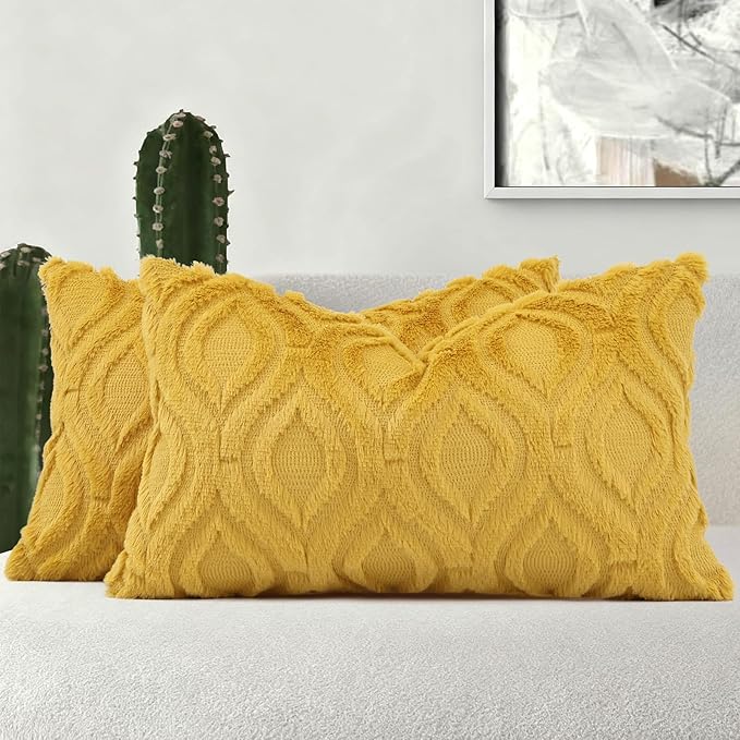 decorUhome Throw Pillow Covers 12x20 Inch Set of 2, Soft Plush Faux Wool Mustard Yellow Solid Couch Pillow Covers, Accent Farmhouse Neutral Lumbar Pillow Cases for Sofa Bed Living Room
