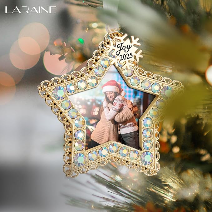 Laraine Christmas Tree Ornaments 3 Pieces – Decorative Hanging 2025 Rhinestones Pendant with Small Picture Frame Insert for Pet Holiday Keepsake Gift (Gold (2025))