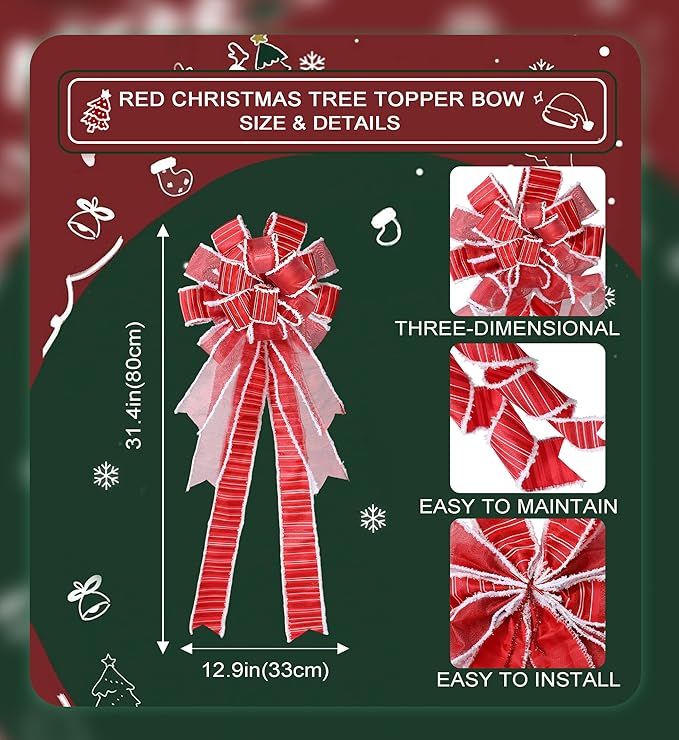 Wreath Bow Large Red Tree Topper，Burlap with White Polyester Edge Gift Bow for Wedding Party Holiday Home Indoor Outdoor Decoration
