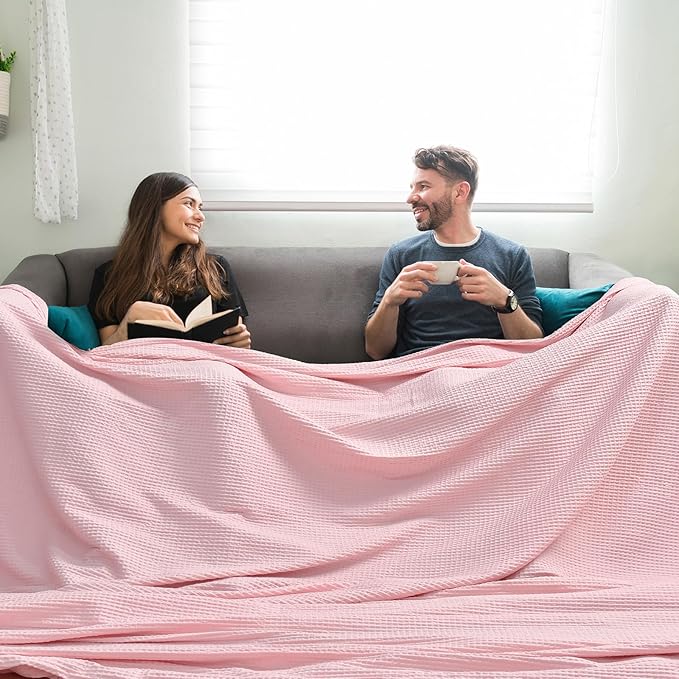 PHF Pre-Washed Cotton Waffle Weave Family Blanket,Oversized King Size 120"x 120"-Snag Proof Lightweight Breathable, 10'x 10' Huge Extra Large Big-Elegant Aesthetic Home Decoration Gift,Pink