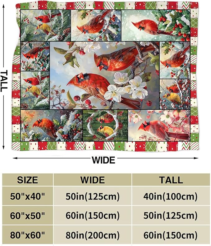 Red Birds Blanket Christmas Bird Throw Blankets Plush Cozy Flannel Fleece Ultra Soft Fuzzy Flower Party Blanket Gifts for Girls Women Men Boys Kids Bed 60"X50"