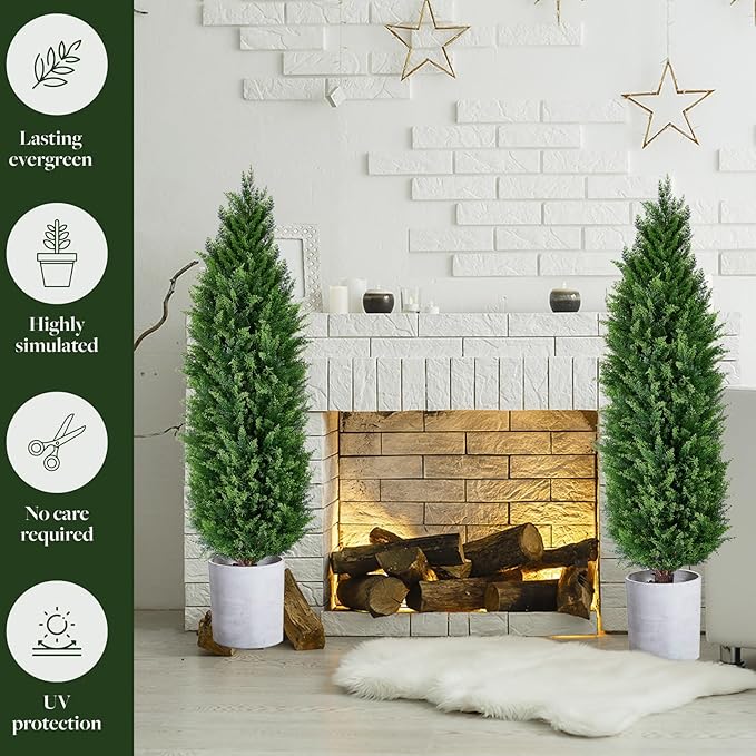 Artificial Cedar Topiary Trees, Set of 2 Lifelike Faux Pruned Cypress with Heavy-Duty Planters – UV-Resistant Outdoor Artificial Shrubs for Indoor/Outdoor Decor (40 Inches)