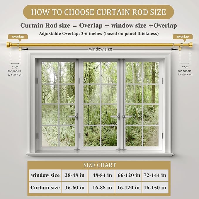 PORTRES Modern Gold Heavy Duty Curtain Rods for Windows 66 to 120 Inches Adjustable Length 1" Diameter Curtain Rod with Farmhouse Decorative Finials for Outdoor Bedroom Kitchen Living Room
