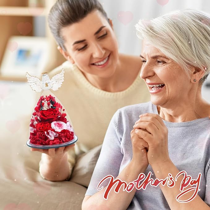 FIACO Gifts for Women Preserved Rose Forever Flower in Glass Angel Figurine Fresh Flowers for Delivery Mothers Day Birthday Gifts for Mom Grandma Wife Sister Red