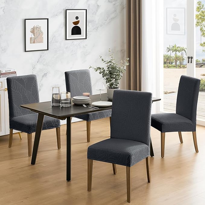 MOSAYT 100% Waterproof Dining Room Chair Covers Set of 6, Super Fit Stretch Jacquard Parson Chairs Slipcovers Removable Washable Chair Seat Protectors for Home, Kitchen, Banquet (Dark Grey - XL)