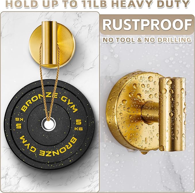Suction Cup Hooks for Shower - Bathroom Reusable Hooks for Towels, Robes & Loofah - No-Drill Mounting on Kitchen,Walls,Metal,Glass,Mirrors,Tile & Smooth Non-Porous Surfaces (2, Brushed Gold)