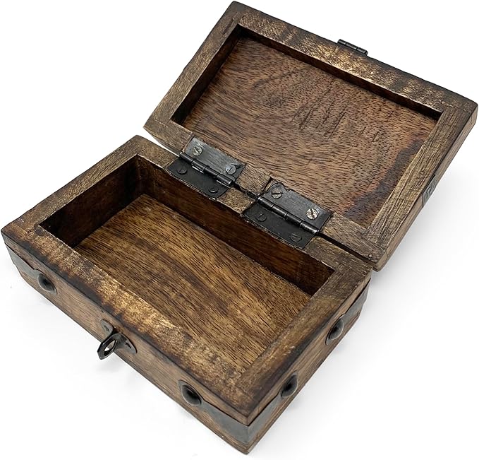 Nautical Cove Treasure Chest Wooden Box with Antique Iron Lock and Skeleton Key (X-Small 5 x 3 x 2) - Storage and Decor – Pirate Wooden Treasure Chest, Decorative Box with Hinged Lid,