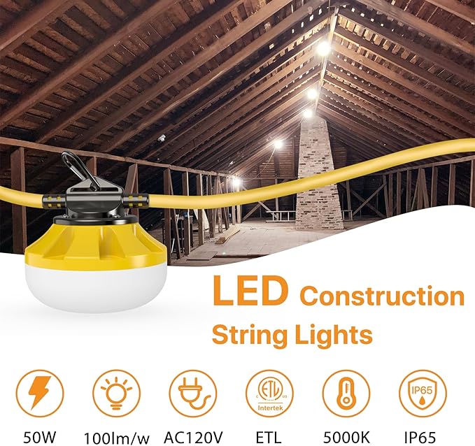 50FT Construction String Lights: 50W String Work Lights with 5 Bulbs & Hooks, IP65 Temporary Construction Lighting 5000K Linkable Hanging Work Light for Attic, Crawlspace, Basement, Backyard