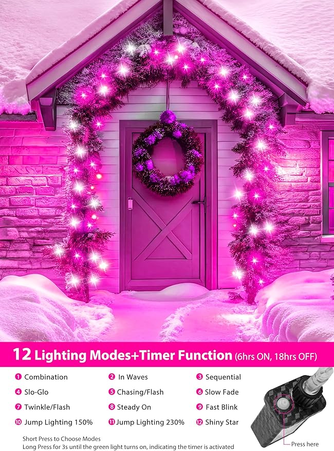 Minetom Christmas Lights Outdoor Cluster Lights - 200 LED 10 Ft Christmas Firecrackers String Light, 12 Modes Timer Waterproof Connetable Plug in Twinkle Fairy Light for Xmas Tree Party, Pink＆White