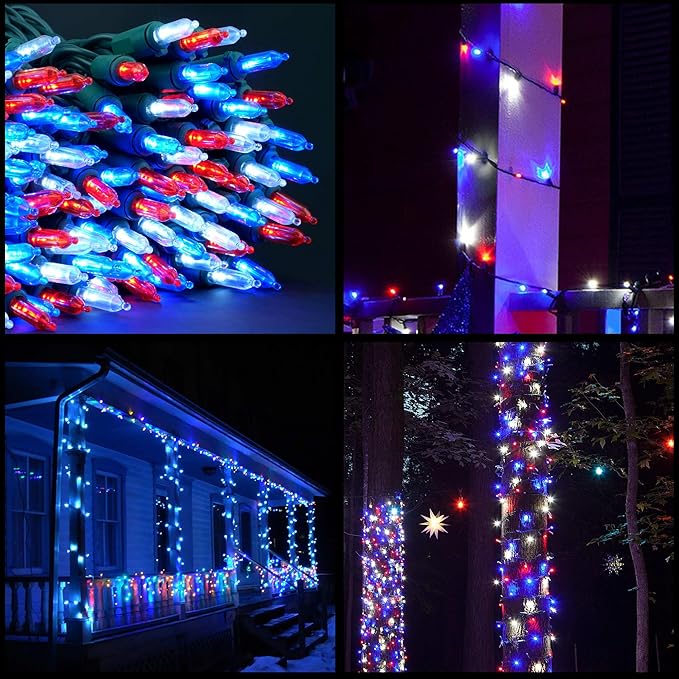 YULETIME 200 Red White & Blue Christmas Lights, Pack of 2 Sets 33 Feet 100 Count UL Certified Incandescent-Like String Lights
