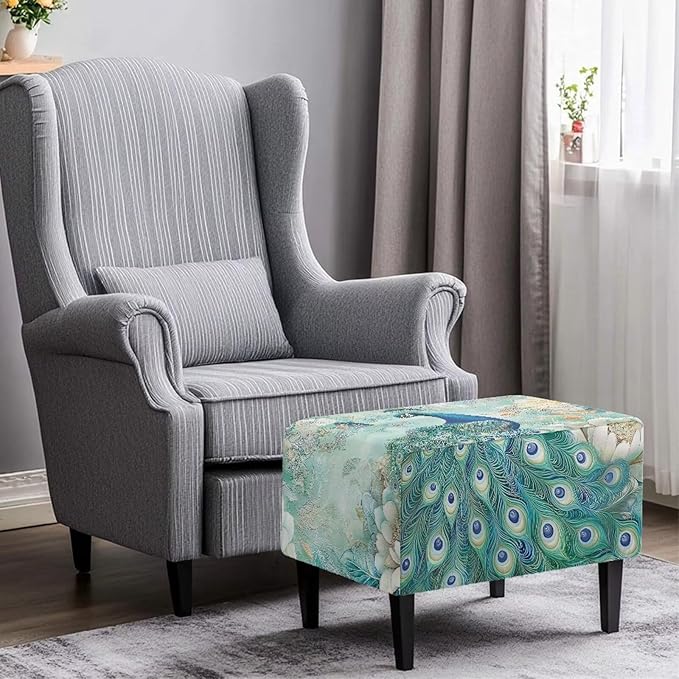 Small Ottoman Cover, Peacock Rectangle Chair Cover Polyester Spandex Furniture Protector with Elastic Bottom Foot Stool Slipcover for Country Living Room Decor