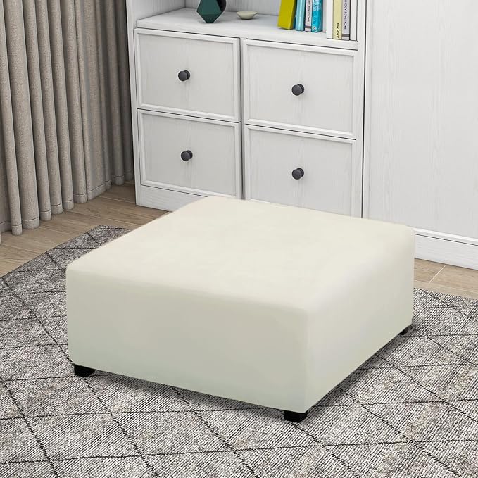 PureFit Super Stretch Form Fit Square Ottoman Cover Rectangle - Ottoman Slipcovers for Foot Stool & Folding Storage Furniture for Living Room with Nonslip Elastic Bottom (Medium-XL, Ivory)
